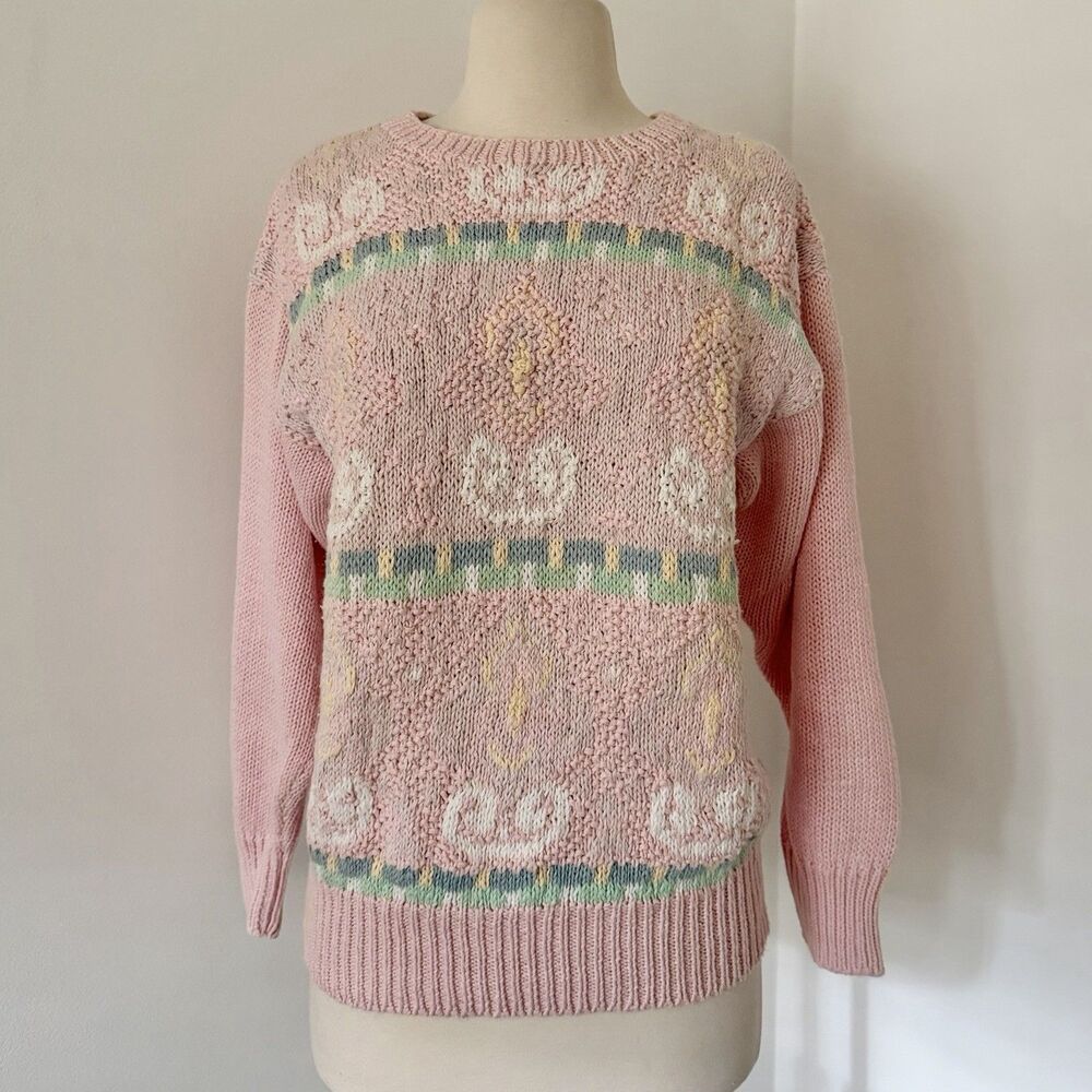 Braemar 80s 90s Deadstock Cottagecore Light Pink Handknit Cotton Sweater Sz Sm